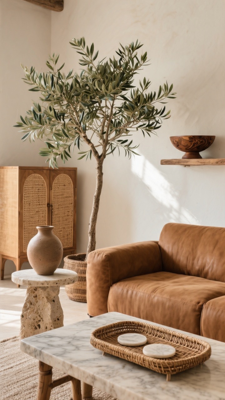 Medium shot from a diagonal angle: natural elements framing a cognac sofa—one tall olive tree beside the sofa, a travertine side table topped with marble or soapstone coasters, a rattan tray on the coffee table, a cane-front cabinet in the background, and a hand-thrown ceramic vase plus a carved wood bowl on a shelf; edited, grounded look with one big plant as the hero; warm, inviting daylight, photorealistic.
