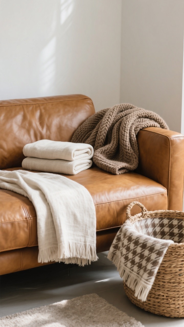 Medium shot from a slight corner angle of a cognac leather sofa with two thoughtfully placed throws: one neatly folded stonewashed linen throw in ivory draped over the arm, and one casually tossed chunky knit in warm taupe across the back corner. Include a rolled plaid alpaca blend in a woven basket beside the sofa. Subtle pattern play with a herringbone cotton throw peeking from the basket. Cool, diffuse daylight to keep things fresh; textures are the hero. No people, photorealistic.