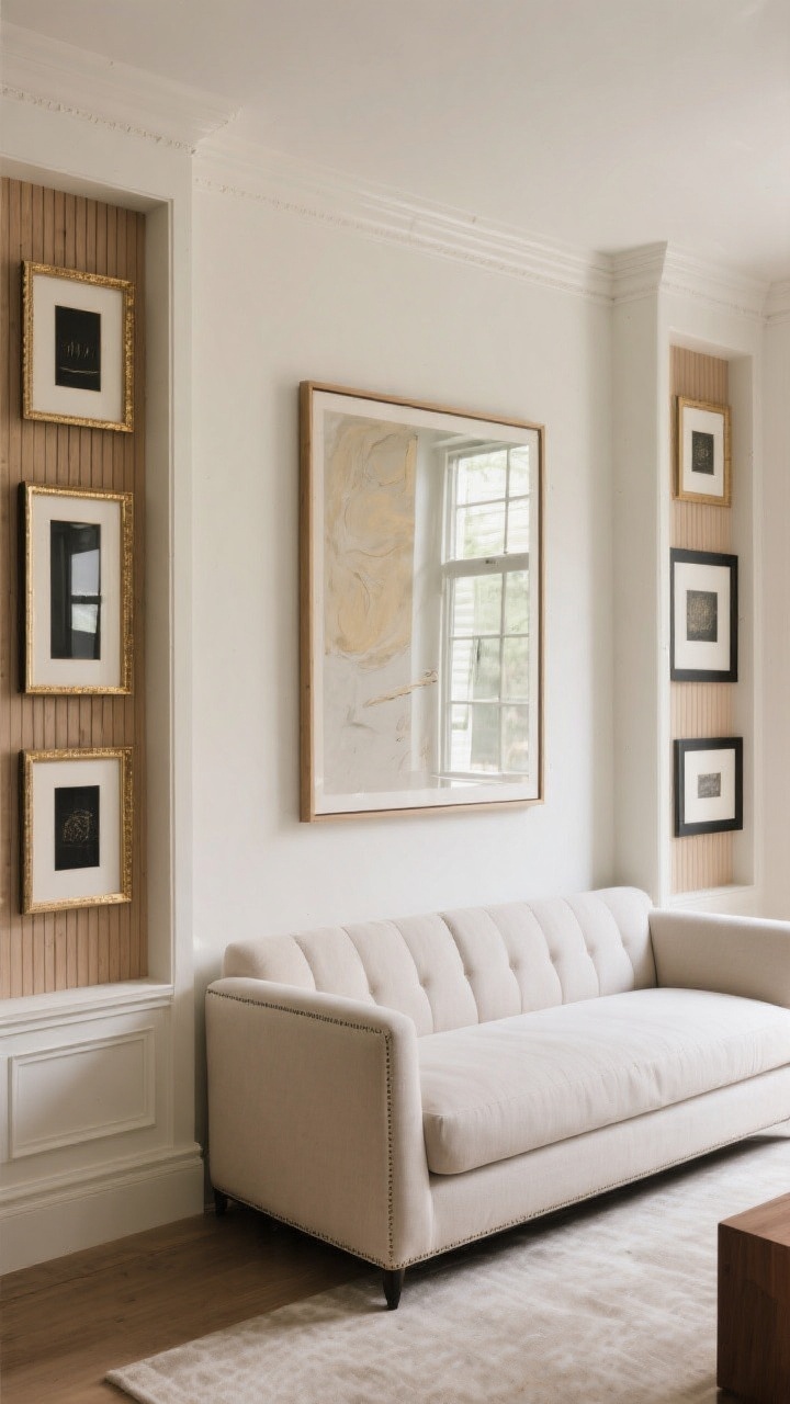 Medium shot from a slight off-center angle focusing on the wall behind the sectional to elevate the envelope: frame the sofa with architectural treatments—built-ins flanking the seating, a fluted or vertical slatted wood feature wall, or picture frame molding for quiet texture. Add either one oversized artwork as a single focal piece above the chaise or a cohesive gallery wall with consistent frame finishes (black, brass, or natural wood). Include a floor mirror opposite windows in the reflection to suggest expanded light. Soft, even lighting to accentuate millwork detail.