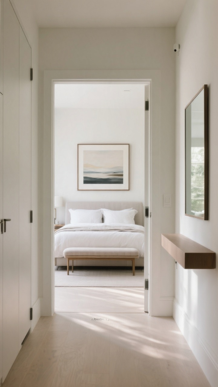 Medium shot from the doorway perspective showing a clear entry zone with an unobstructed 36-inch path straight to the bed. The first sightline is anchored by a serene, large framed artwork above the bed and a slim bench at the foot only if it doesn’t constrict the walkway. Replace bulky entry storage with a narrow wall-mounted console shelf and a tall mirror on a side wall. Soft, welcoming daylight with gentle wall-wash; clean, open floor, no furniture ambush.
