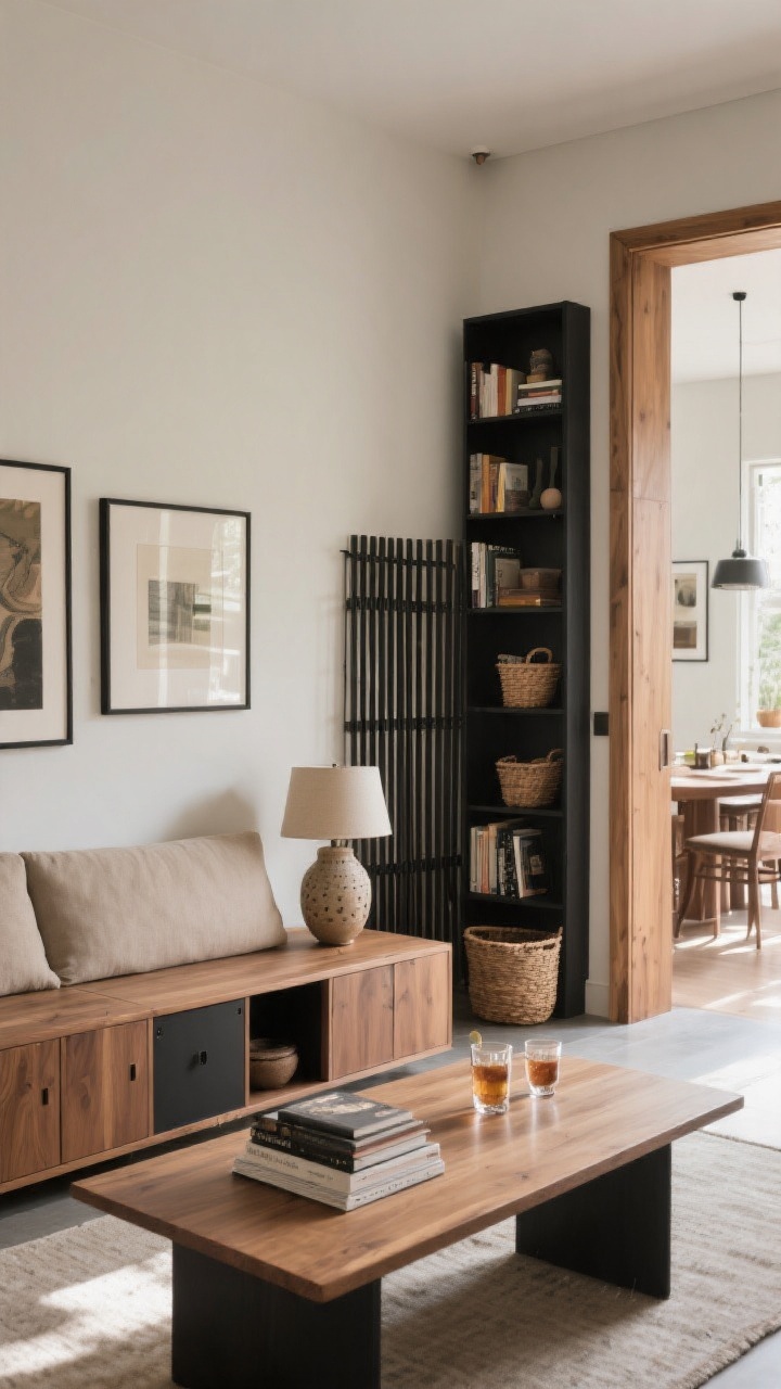 Medium shot from the room’s edge highlighting perimeter styling: a console table directly behind the sofa, a few inches lower than the sofa back, topped with a ceramic lamp, a small stack of books, and a drink set; to the side, a tall bookcase acting as a faux wall at the transition to the dining area, styled with baskets and decor; along a long wall, a run of low cabinets/benches grounding a gallery of art and providing hidden storage; a slim slatted folding screen subtly defines an entry nook without blocking flow; warm wood, matte black accents, and neutral textiles; bright daytime light; photorealistic.