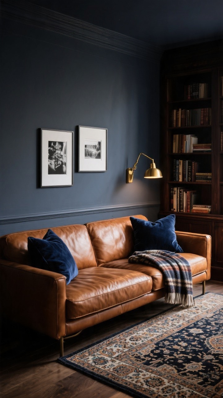 Medium shot, Moody Library Chic with Ink and Brass: cognac leather sofa set against moody navy walls with slate-gray undertones; brass swing-arm sconces casting a warm glow; velvet midnight-blue pillows and a wool plaid throw on the sofa; dark wood built-in shelves partially visible with curated books; a patterned Persian-style rug grounding the scene; black-and-white photography in simple frames; dim, cozy evening lighting, corner angle, photorealistic