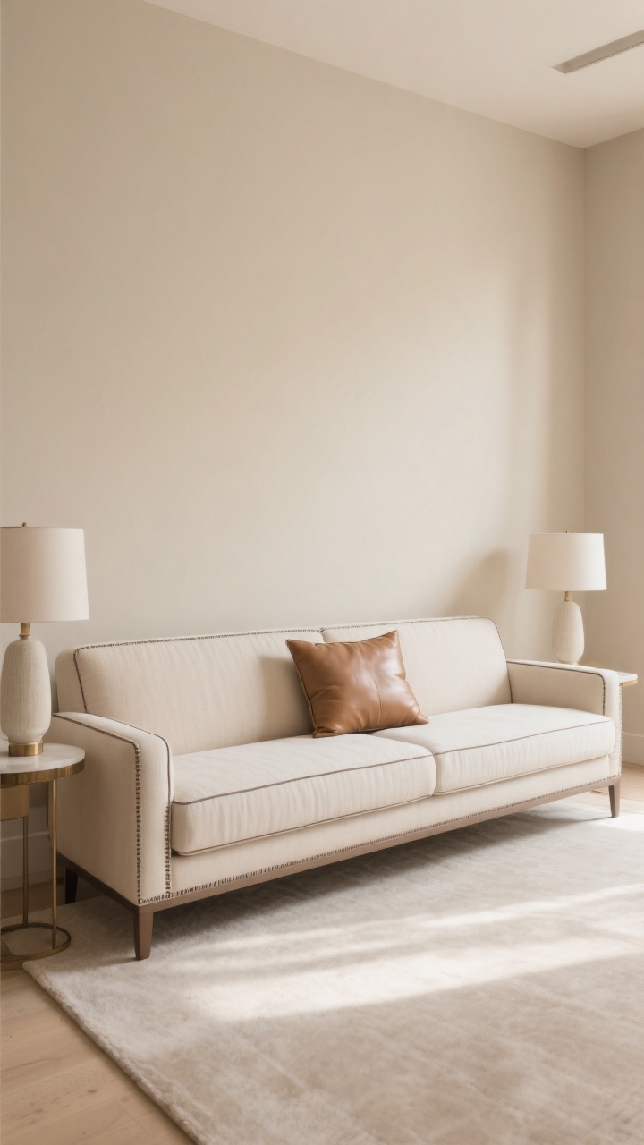 Medium shot: Neutral sectional featuring refined details—bench seating (one long cushion), crisp tailored piping with contrast welting in ivory/taupe, and subtly recessed legs; palette in warm beige; symmetrical styling with two identical end tables and matching lamps flanking the sofa; a slim leather lumbar pillow centered for a quiet material mix (leather + linen); even, bright daylight for a polished, designer look; photorealistic, straight-on symmetry-focused composition.