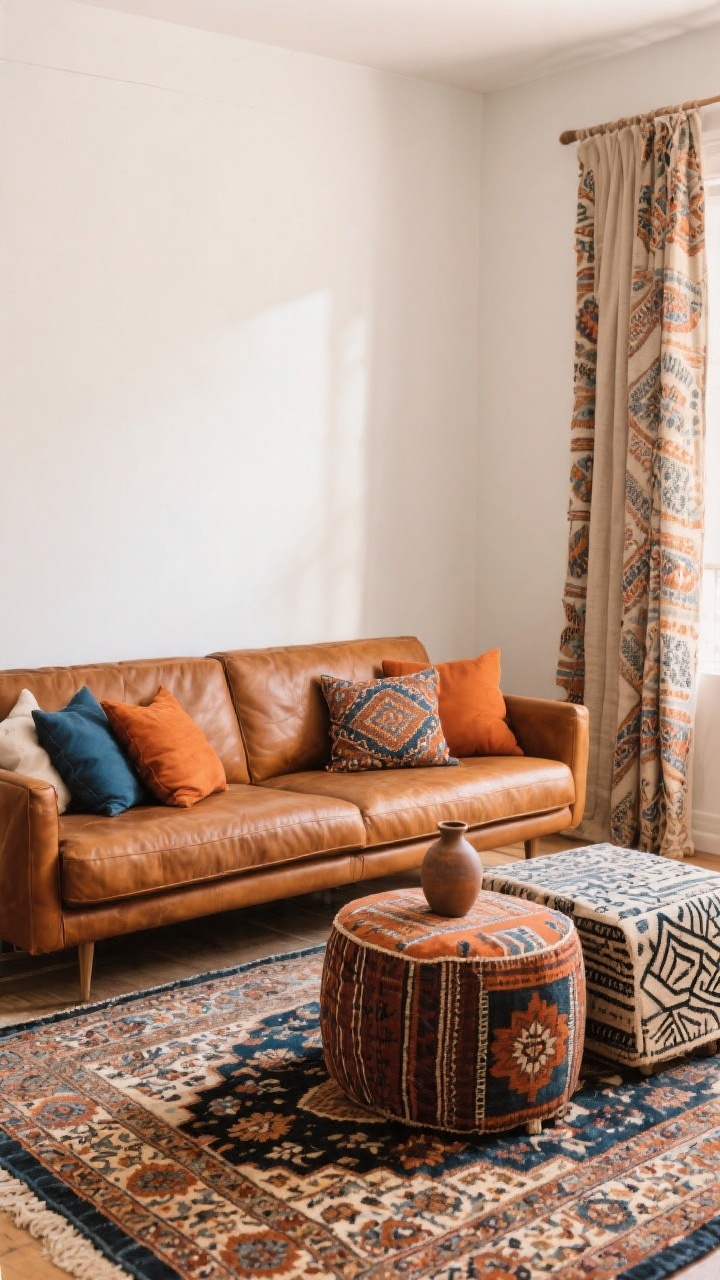 Medium shot of a boho living room vignette featuring a cognac tan leather couch against warm white walls, a vintage Persian/Turkish rug as the hero anchor print on the floor, supporting patterns on pillows and an ottoman in mudcloth, suzani, and hand block prints; balanced styling with either calmer solid textured curtains if rug is busy, or patterned curtains with simpler pillows; repeated color accents in terracotta and indigo appearing at least three times (rug, pillow, small vase), curated not cluttered, even natural daylight, no people