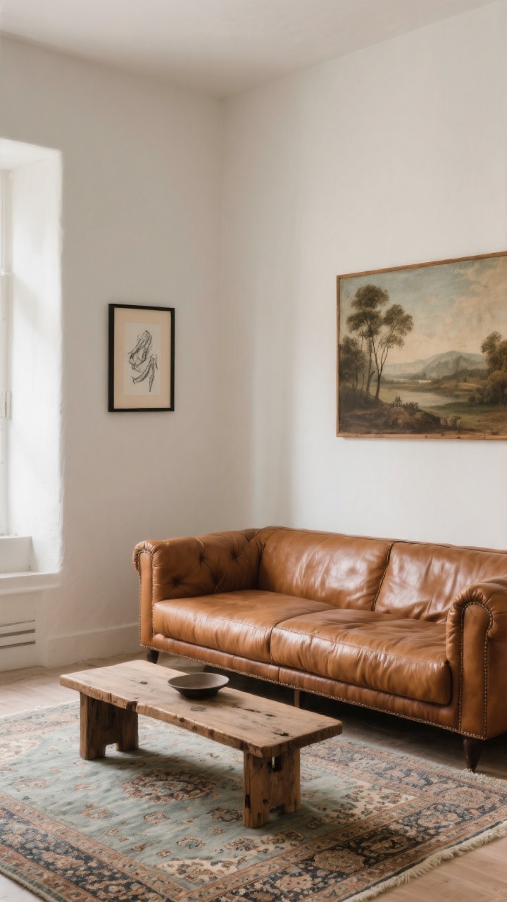 Medium shot of a character-rich corner: A cognac leather sofa adjacent to a vintage-inspired muted Persian or Turkish rug that softens the leather’s sheen; an old wood bench used as a coffee table with minimal styling; art above—an antique-style landscape painting and a charcoal sketch in thin black and warm wood frames; overall edited, uncluttered look; gentle daylight with slight warmth for a soulful yet clean vibe.