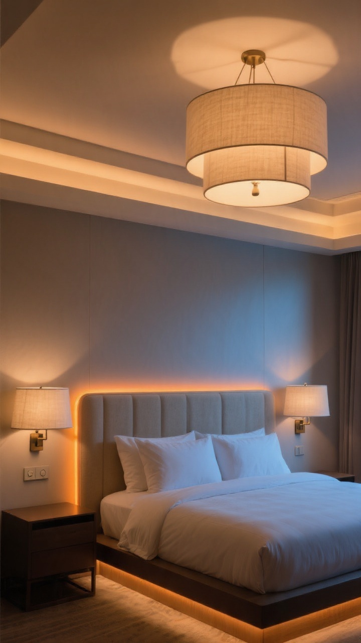 Medium shot of a chic bedroom lighting setup at dusk with a cozy, boutique-hotel vibe: warm 2700K bulbs throughout. Show three layers of light—an elegant ambient ceiling fixture with a linen drum shade, two linen-shaded bedside sconces for task lighting, and a subtle amber LED strip glowing under the bed frame and behind the upholstered headboard to halo the wall. Include a dimmer switch on the wall. Colors stay neutral and warm; no harsh blue light. Straight-on composition, photorealistic.