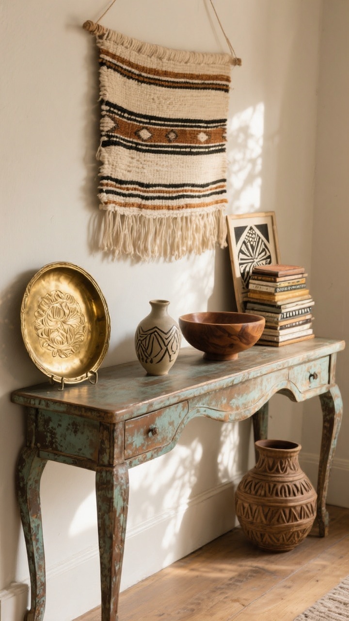 Medium shot of a console styled with vintage and handmade pieces: thrifted brass tray, carved wooden bowl, ceramic vase by a local artisan, handwoven wall hanging above, a stack of block print art leaning casually; an antique side table with patina anchoring the vignette; warm afternoon light creating gentle shadows; layered, collected feel.