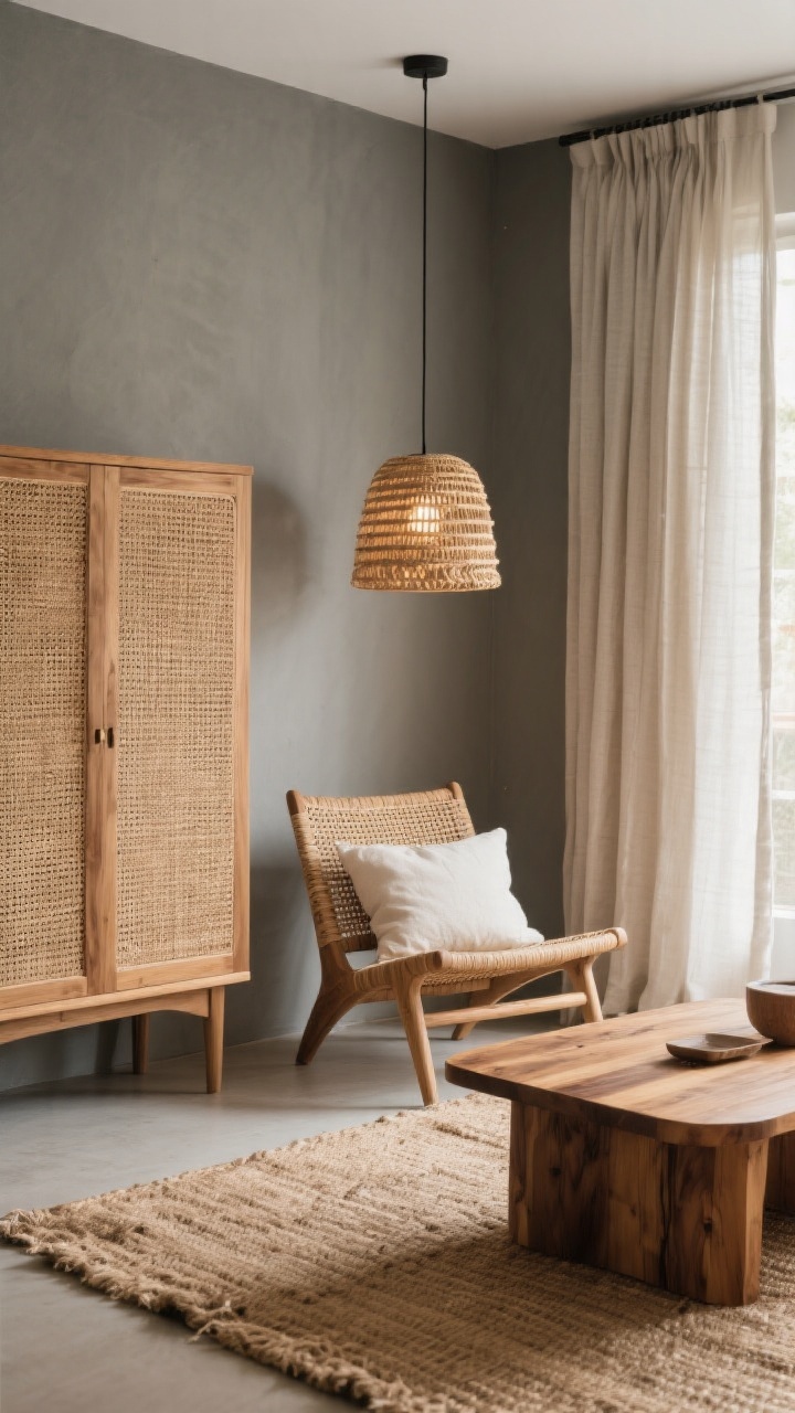Medium shot of a seating vignette showcasing natural fibers: a rattan lounge chair beside a cane-front cabinet, a woven rattan pendant overhead casting warm light, a mango wood coffee table with visible grain, linen curtains filtering daylight, cotton pillow covers, and a jute-wool blend rug; warm wood tones balancing a cool gray-painted wall, earthy and tactile textures emphasized.