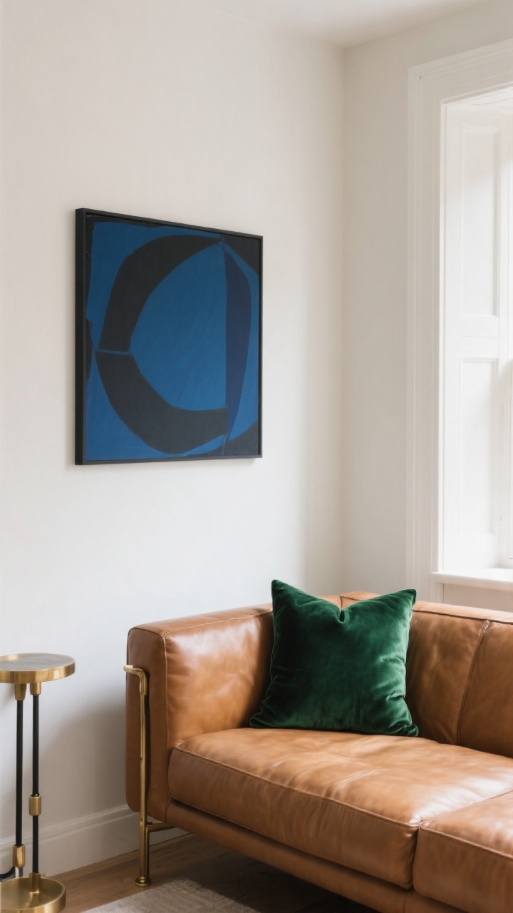 Medium shot of a small living room corner with light, airy walls in creamy white or pale greige, a cognac leather sofa centered, brushed brass and black iron accents, and one bold statement: a deep forest green velvet pillow on the sofa or a bold abstract art print with midnight blue/charcoal tones above; overall restrained palette, warm ambient daylight, clean lines; camera angled from the room’s corner to capture contrast without clutter, photorealistic.