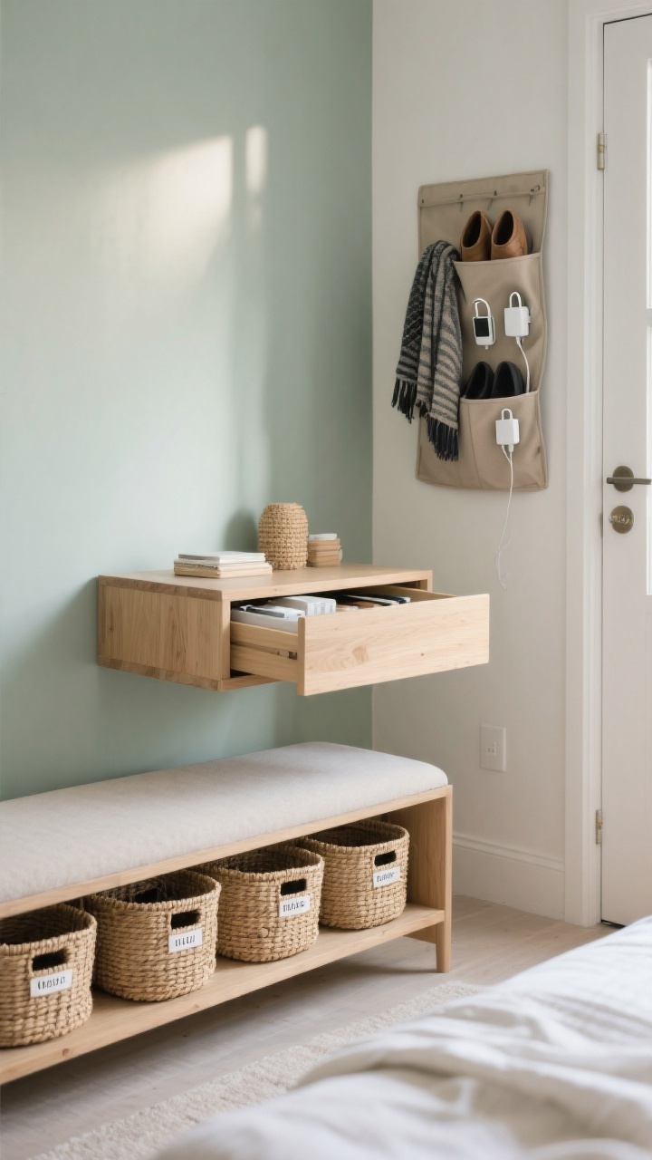 Medium shot of a tidy bedside storage vignette: a nightstand with drawers slightly open to reveal organized essentials; matching woven baskets lined up on a low shelf and under a bench, identical and labeled; a back-of-door pocket organizer visible on a nearby door holding shoes, scarves, and chargers; neutral palette with light wood, natural fiber baskets, and soft gray-green wall; soft, indirect daylight for a calm mood; photorealistic, no people