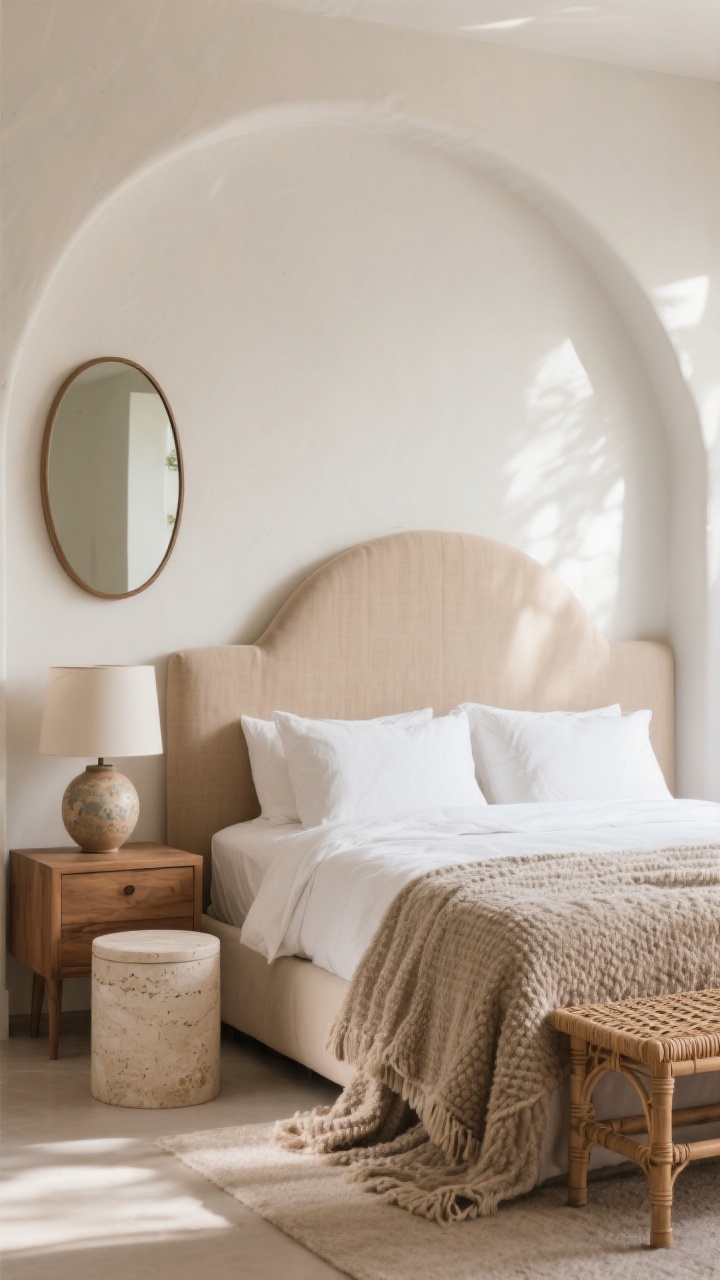 Medium shot of the bed wall: Organic shapes and natural materials—an arched upholstered linen headboard in warm oatmeal, rounded-edge oak nightstands, a small travertine-topped drum table, an oval pill-shaped wall mirror, a globe lamp with a ceramic base; accents of rattan and cane in a bench; boucle throw on the bed; palette of warm whites, taupes, and soft mocha; soft afternoon light, gentle shadows; no people, photorealistic.