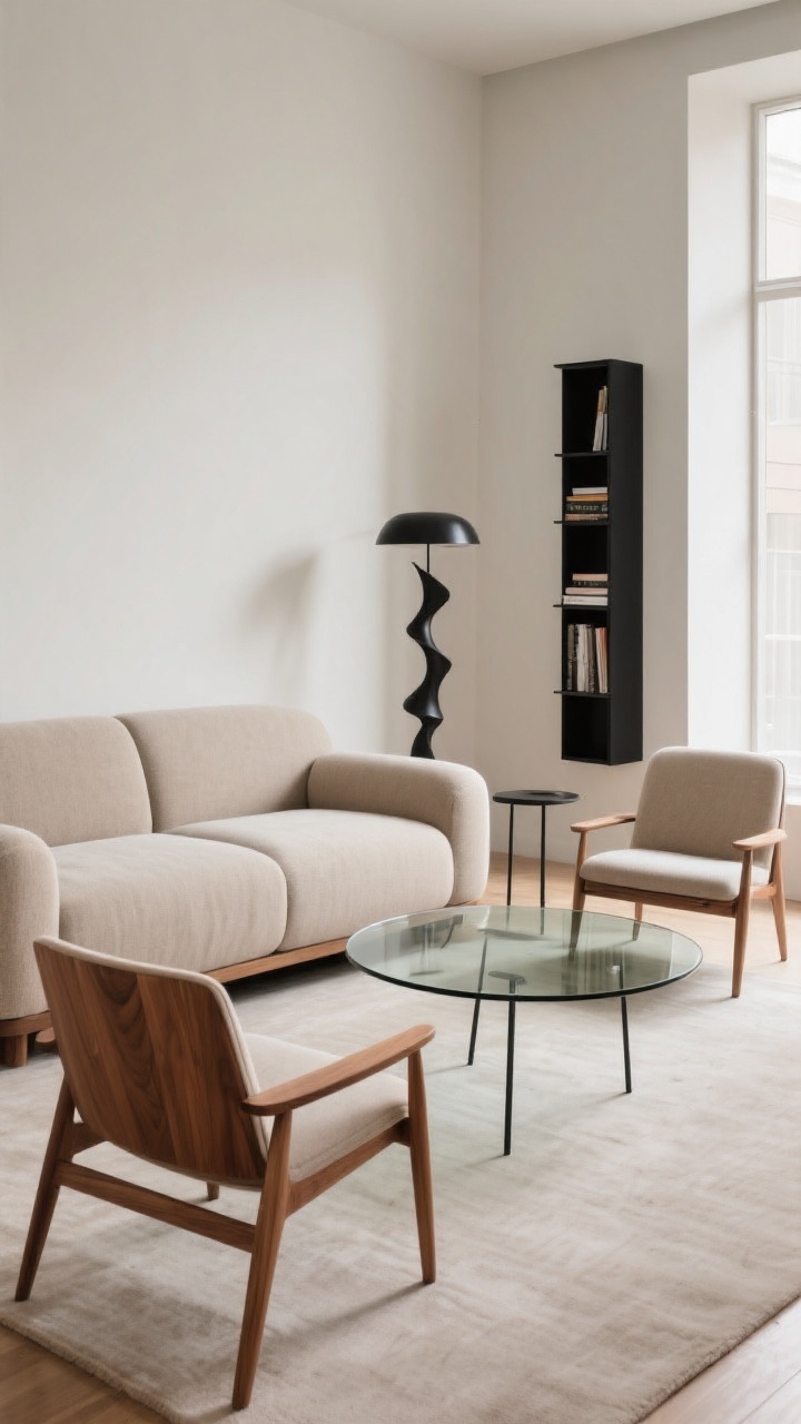 Medium shot of the seating cluster focused on scale contrast: a deep, low, oversized sofa paired with a sleek oval glass coffee table on slender metal legs; two petite armless accent chairs with visible wooden legs to keep the look airy; a slim side table with tall legs reveals more floor; a tall, sculptural floor lamp and a narrow bookcase add vertical height variation; mix of chunky (sofa) and slim/see-through (table and chairs) elements; neutral textiles with warm wood and black metal details; bright but soft natural light; photorealistic.