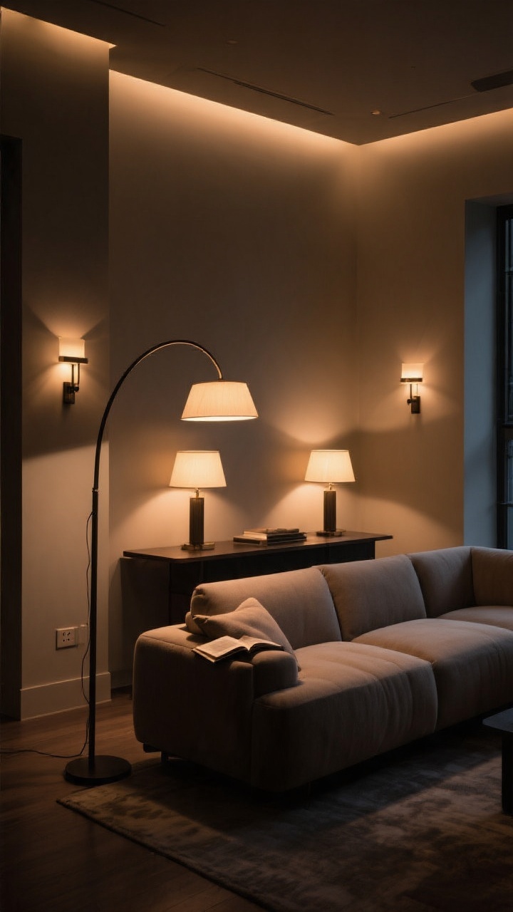 Medium shot: Sectional framed by layered lighting—an arc floor lamp sweeping over the corner seat for reading, a pair of table lamps glowing on the console behind the sofa to create a soft halo, and plug-in wall sconces flanking the sectional; dim, moody 60% brightness warmth across the room; no overhead glare, cozy evening ambiance, shadows gently defining the sofa’s form.