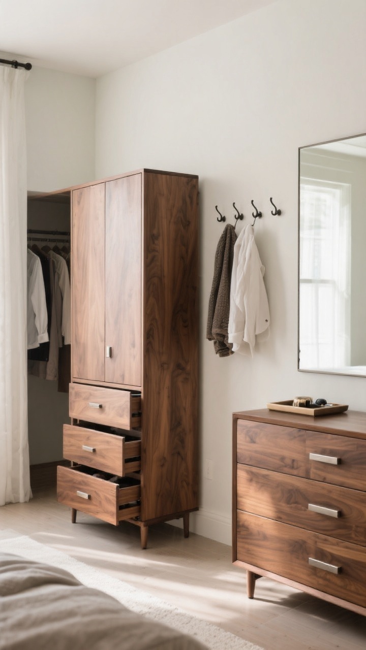 Medium shot showcasing the “power couple” wall: a tall, narrow chest and a wide dresser placed near the closet for smooth get-ready flow. Emphasize measured spacing with at least 24 inches clearance for drawers to open fully, a valet peg or set of hooks on the wall holding tomorrow’s outfit, and a simple tray for accessories. Even, bright morning light; cohesive finishes in walnut or oak; hardware subtly brushed nickel for a streamlined look.