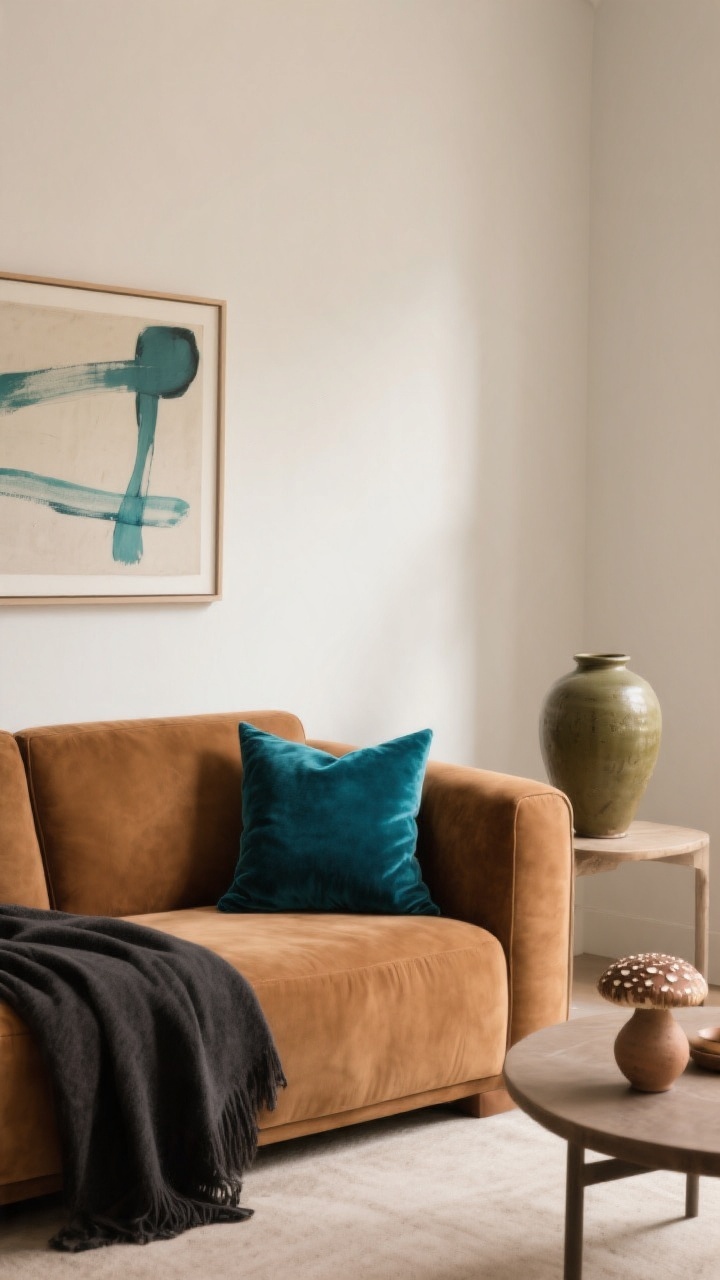 Medium shot, straight-on: a cognac sofa against warm white walls with greige undertones; earthy neutral base accented by one bold pop—teal featured as a single deep teal velvet pillow and a coordinating abstract art piece with subtle teal strokes; secondary tones appear via an olive ceramic vase and a charcoal throw; palette includes mushroom and clay pottery on a side table; restrained, curated look with soft, diffused daylight; no clutter, photorealistic.