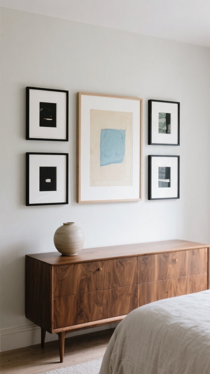 Medium shot, straight-on: A grown-up gallery wall above a low dresser in a bedroom, featuring a tightly edited palette of blacks, creams, and soft blues; frames limited to matte black and light oak with generous white mats; the central piece hung at about 57 inches from the floor and others built out symmetrically; soft, indirect daylight keeps the arrangement calm and cohesive; a simple ceramic vase on the dresser echoes the color story.