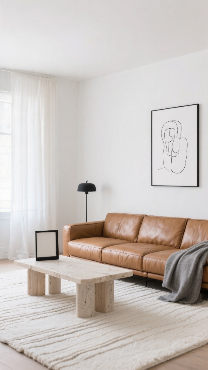 Medium shot, straight-on: a serene monochrome living room in shades of white, cream, and taupe with a cognac leather couch as the hero color. Warm white walls (non-blue), ivory wool rug with subtle striation, light oak or travertine coffee table, minimal matte-black accents (simple frame and lamp) for definition. Add a soft gray throw draped neatly over the sofa arm and sheer curtains washing the leather in daylight. High-contrast but simple black line drawing art. Photorealistic, calm and curated.
