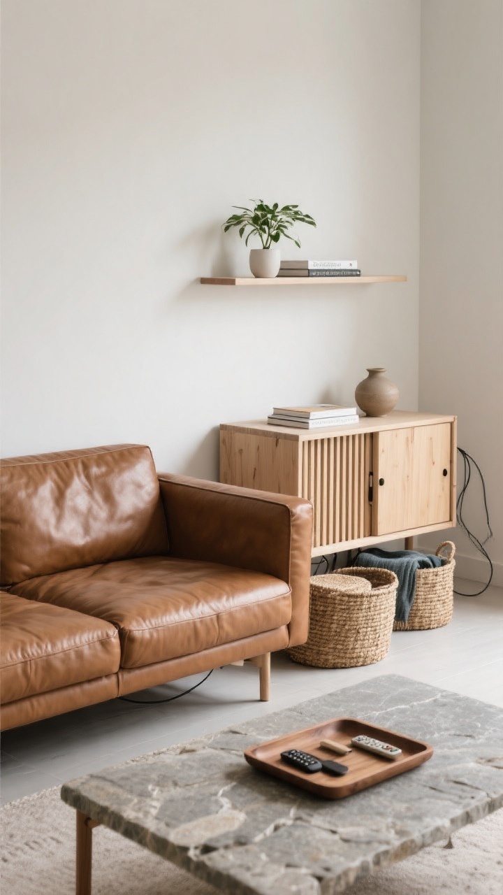 Medium shot, straight-on: Functional low-visual-noise storage around a brown leather sofa—slatted light-wood media console with closed doors hiding cables, woven lidded baskets tucked beside the sofa for throws/remotes, and a single floating shelf with a tight edit (one plant, two books, one ceramic). A stone or wood tray on the coffee table corrals items. Clean, calm Scandinavian practicality. Soft, even lighting. Photorealistic.