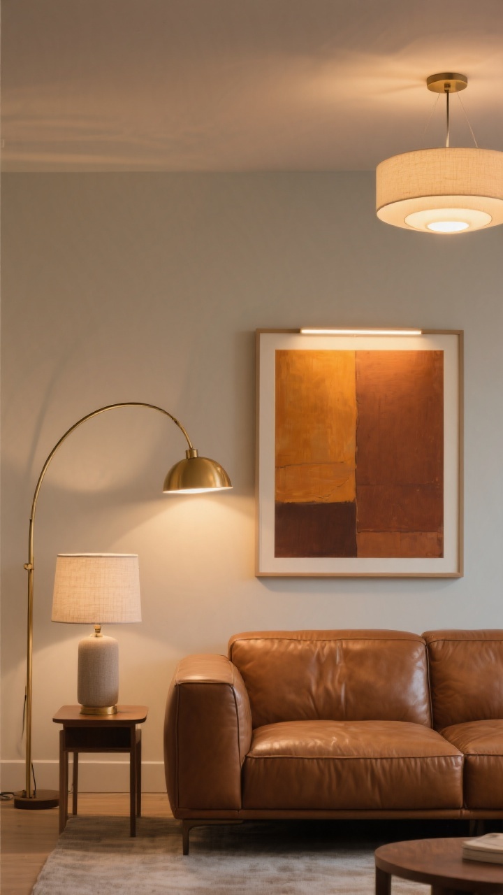 Medium shot, straight-on over the sofa: art and lighting glow-up—above the cognac sofa, a single artwork sized about two-thirds the sofa width, featuring amber, sienna, and the chosen accent color; layered lighting trio visible: a brass arc floor lamp with linen shade, a table lamp on a side table, and a dimmable overhead fixture; bulbs at 2700–3000K cast warm, velvety light that flatters the leather; optional picture light over the art for a curated feel; neutral backdrop, photorealistic.