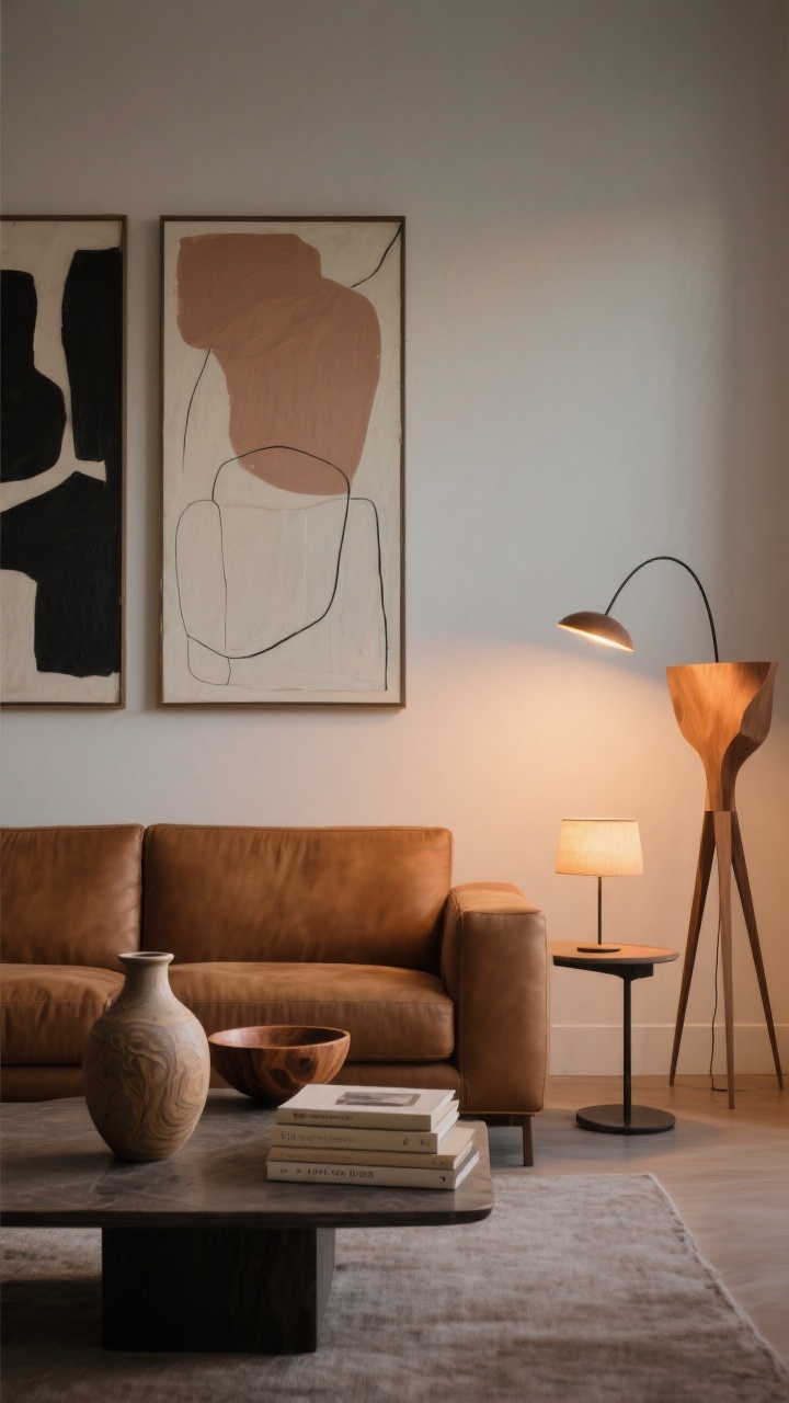 Medium shot, straight-on: The wall above the cognac sofa displays a single large-scale abstract artwork (charcoal, cream, soft clay tones) or a calm diptych, avoiding gallery clutter. A sculptural statement floor lamp (arc or tripod) stands to one side with a warm bulb (2700–3000K), while a slender table lamp adds a second warm light source on a nearby side table. On the coffee table, a single ceramic vase and a carved wood bowl rest atop a small stack of books with neutral spines (jackets flipped if needed) for a tightly curated, intentional look. Evening ambiance with dimmed warm lighting to emphasize calm minimalism.