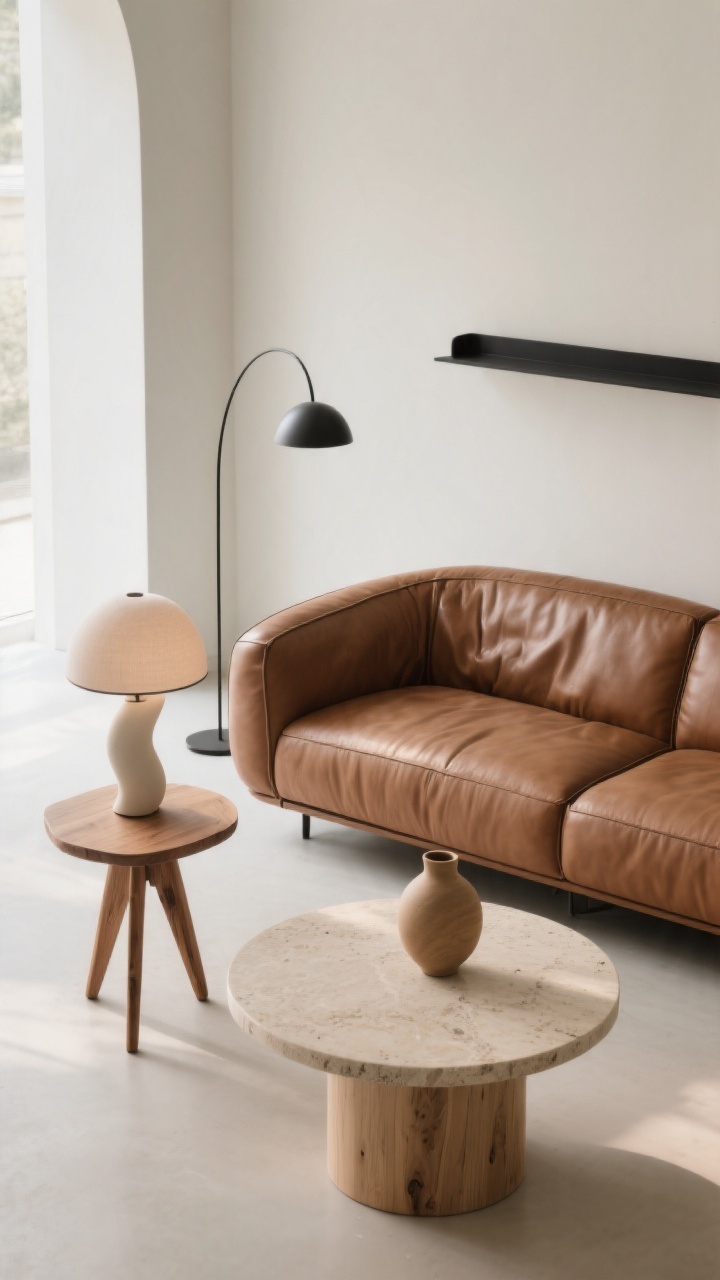 Medium shot with slight overhead angle: The brown leather sofa paired with organic curves—an oval light-wood or travertine coffee table, cylindrical natural-wood side table with tripod legs, a dome table lamp, and a single curved ceramic vase. Include one sharp linear element, like a slim black wall shelf, to counterbalance the soft geometry. Soft daylight, minimal decor, Scandinavian warmth with gentle curves. Photorealistic.