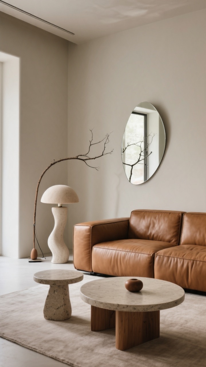 Medium shot with slight overhead tilt: mix modern lines with organic shapes around a squared-off cognac leather sofa. Feature an oval/pill-shaped coffee table (wood or stone), a curved floor lamp or mushroom table lamp, and an asymmetrical mirror reflecting light and softening a corner. Finishes are quiet and matte so forms stand out; include one sculptural moment (e.g., curved plaster pedestal with a single branch) with negative space around it. Photorealistic, balanced and serene.