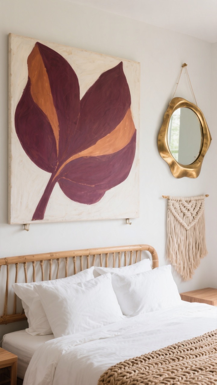Medium, straight-on: A minimalist-to-maximalist curated moment on a bedroom wall—one oversized, large-scale artwork in plum brown and warm white commands the space as the single hero piece; opposite wall features a sculptural brass-framed mirror bouncing light to visually expand the room; a handmade woven fiber hanging in natural oat tones adds soul and texture; materials mix one organic (wood/woven fiber) with one polished (brass), with safe, well-anchored mounting above but not directly over the headboard; bright but soft natural daylight.