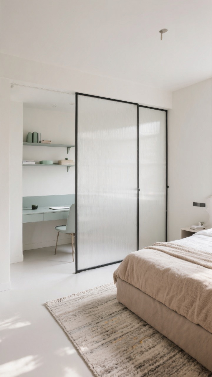 Medium, straight-on shot clearly zoning a 10x10 bedroom: a bed zone defined by a 6x9 rug under the bottom two-thirds of the bed, a slim folding screen dividing a tiny desk nook; work corner in cooler tones (pale gray-green desk accessories), bed area in warmer neutrals (soft whites, warm taupes) with cozy textures; open shelving divider that doesn’t block light; clear walkways, no clutter; even daylight with gentle contrast; photorealistic, no people