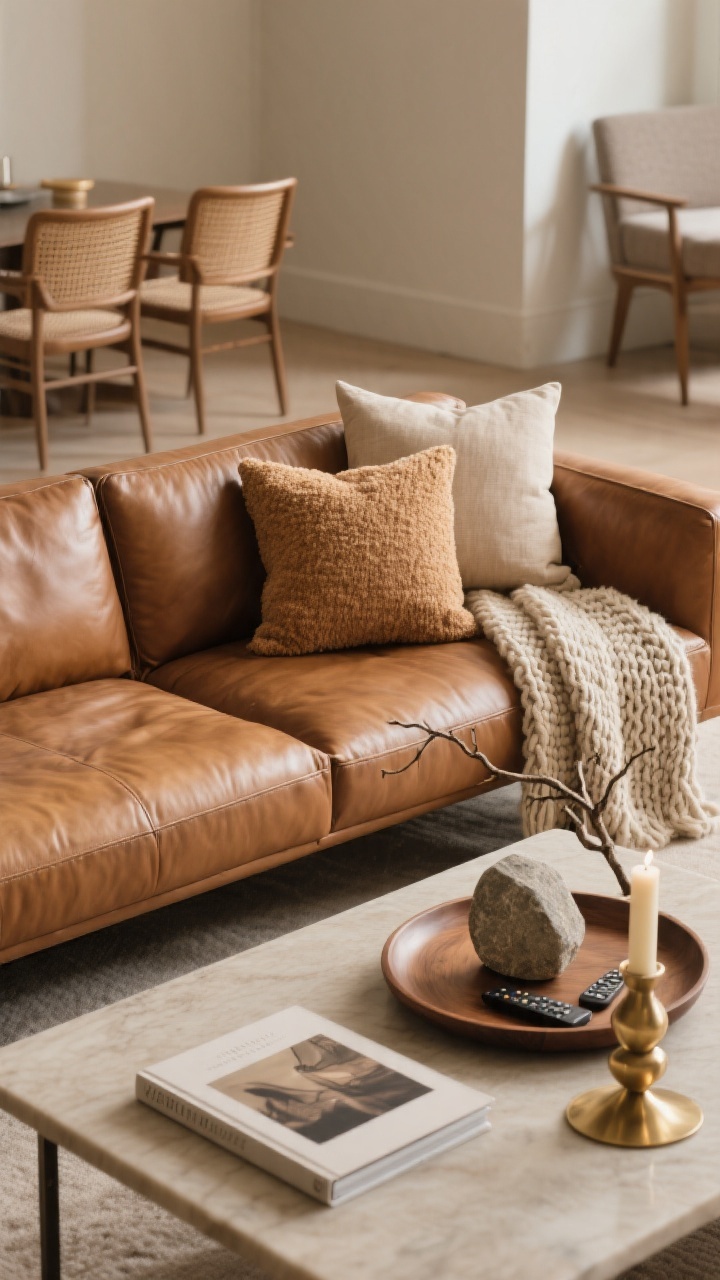 Medium straight-on shot focused on sofa styling: a leather sofa softened with two large 24" linen pillows in warm neutrals at the corners, one bouclé pillow centered for texture, a chunky knit throw draped over one arm, and a lighter folded throw placed neatly across the back. Coffee table styling shows a restrained tablescape: one large art book, a sculptural candle, and a single organic object (a smooth stone branch) on a round wood tray that corrals remotes. Mix of warm metals (subtle brass tones) visible in small accents. Soft, warm ambient light. No people, no matching leather armchairs—fabric or woven chairs visible in background for contrast.