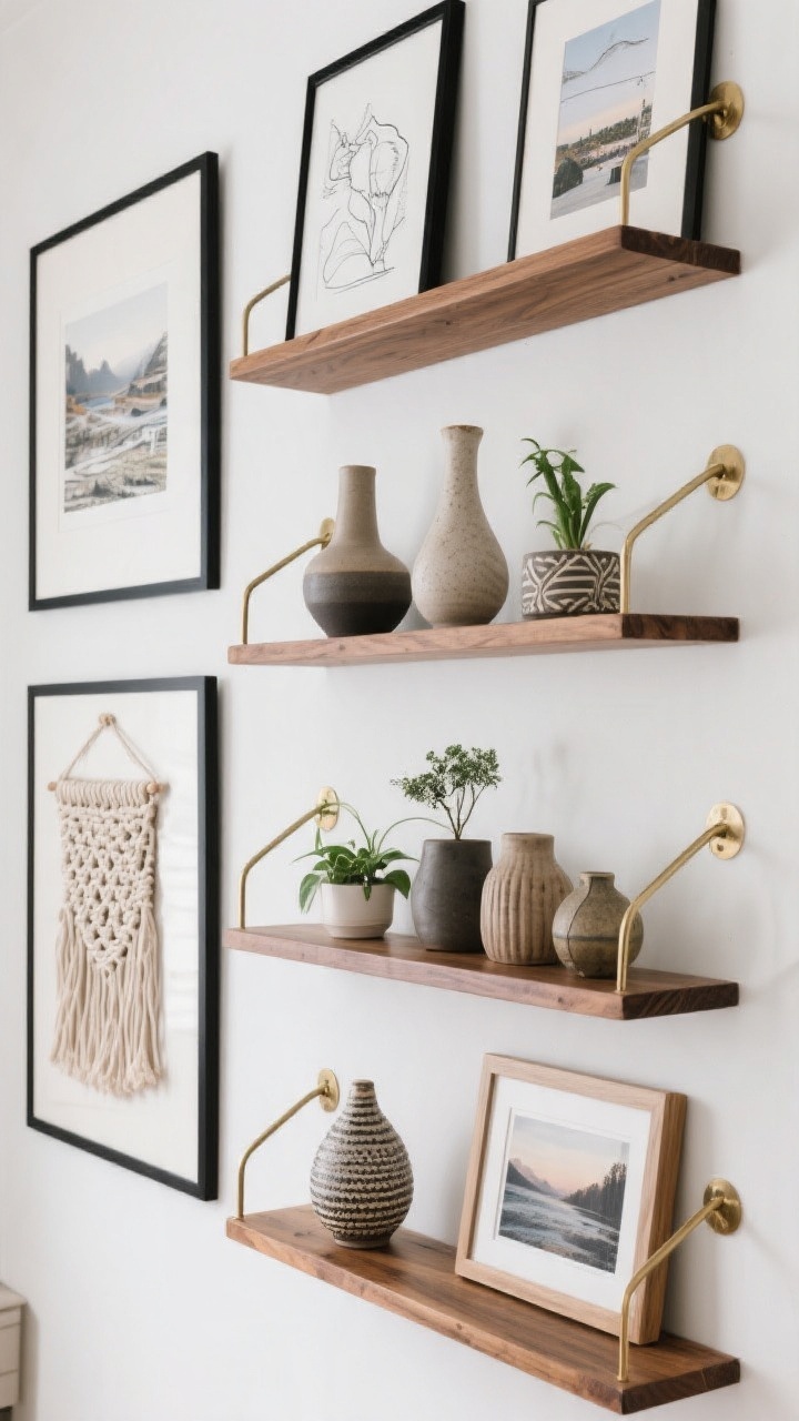 Medium straight-on shot of shelves and a gallery wall with personality: floating wood shelves styled with ceramics, small plants, and objects grouped in odd numbers with varied heights and textures; a curated gallery mix of line drawings, travel photos, textiles, and a macramé or woven piece; a blend of wood, brass, and black frames; negative space intentionally left for breathing room.