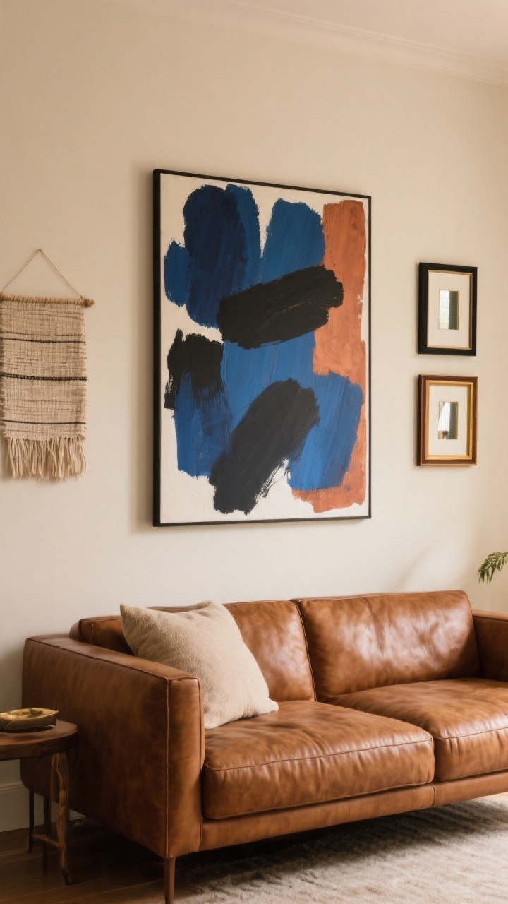 Medium, straight-on view of the wall above a cognac chestnut sofa: one oversized artwork centered at 60–66 inches to center, featuring cool blues and inky charcoals with a touch of terracotta/rust. Flanking elements include a small handwoven neutral textile piece and a couple of frames in black, oak, and brass on an adjacent gallery arrangement with consistent mats. Warm wall color and balanced natural light; no mirror present.