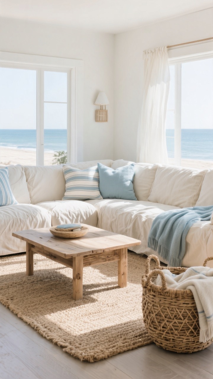 Medium-wide coastal-cool living room with a slipcovered L-shaped sofa in light tones (oatmeal, ivory, or sea salt); removable slipcovers subtly wrinkled for relaxed polish; layered striped pillows and a soft blue throw; natural textures throughout: jute rug, rattan accents, raw wood elements; solid wood coffee table grounding the light palette; large woven basket for blankets/clutter control; bright, sunlit atmosphere with airy, beachy feel; straight-on view, photorealistic.