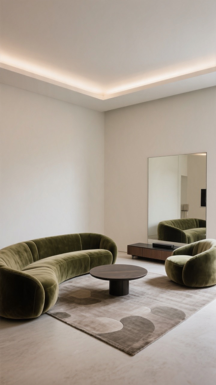Medium-wide floating arrangement of a curved velvet sofa (short-pile or mohair velvet) positioned off the wall to create zones in a spacious, boxy room. Mirror a second curved sofa around a round coffee table for chic symmetry, contrasted with a linear media console and a rectangular rug to balance shapes. Use gallery-like soft, even lighting that highlights the rounded profile and subtle pile variation; capture from a corner angle to emphasize the softened corners and conversation flow.