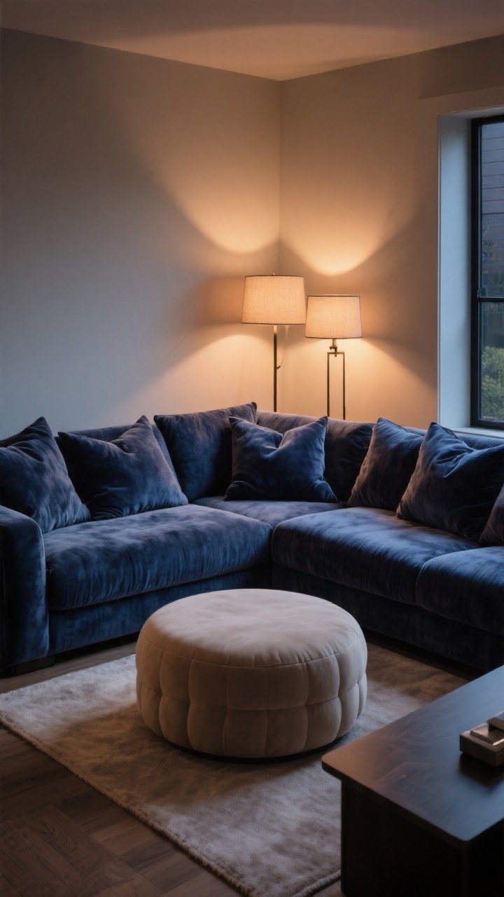 Medium-wide living room set up for movie night with an extra-deep L-shaped sofa featuring oversized, pillowy cushions in performance velvet or stain-resistant chenille (midnight blue or warm neutral); two floor lamps layered behind the L for cozy, cinematic lighting; rounded upholstered ottoman as the central surface instead of a sharp-edged table; soft, low-maintenance textiles visible; evening ambiance with warm pools of light and gentle shadows; corner-angle view, photorealistic.