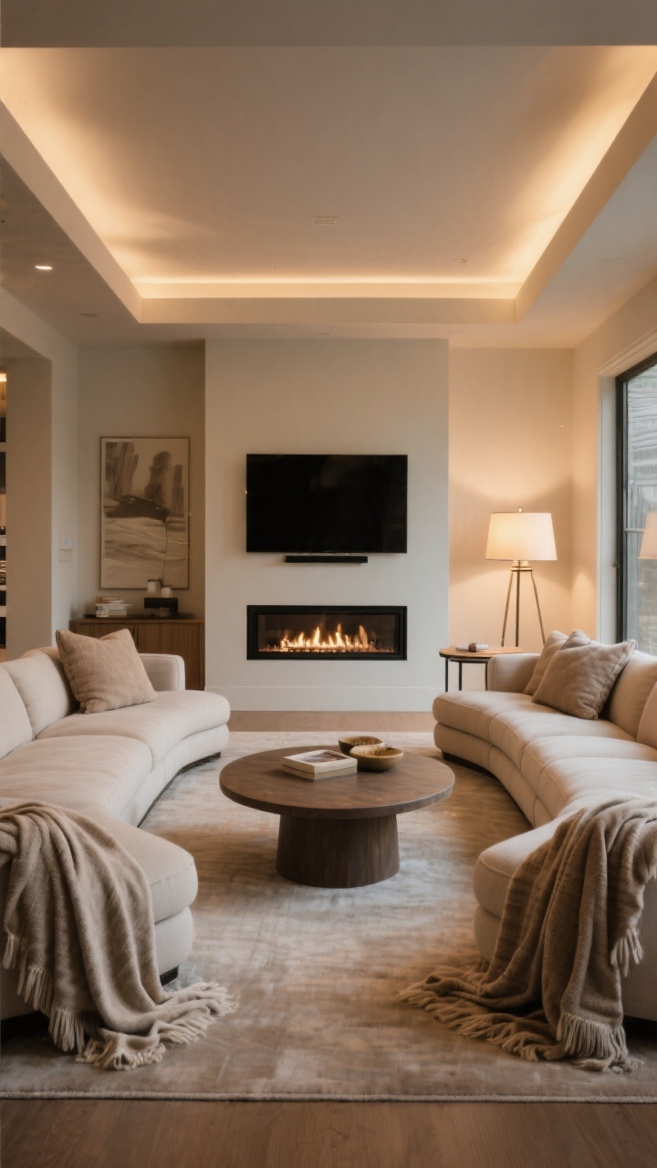 Medium-wide shot: A U-shaped sectional forming a conversation zone around a centered round coffee table; equal sightlines between all seats, open end framing a TV or fireplace focal point; layered lighting with a low, wide table lamp on one side and a floor lamp on the opposite side for balance; matching throw blankets draped on the two arms of the U for symmetry; soft, inviting textiles and a warm, ultra-cozy ambiance; photorealistic, straight-on perspective.