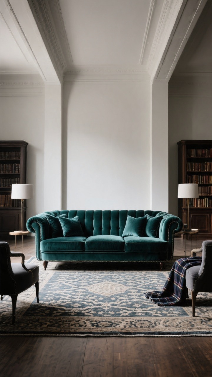 Medium-wide straight-on view of a vintage-inspired velvet tuxedo sofa—arms and back at equal height—in charcoal, forest green, or inky teal. Tall ceilings and a formal layout with sharp, symmetrical lines. Style with a patterned rug and structured side chairs to balance the tailored profile. Show a crisp bench cushion for a polished look, or multiple seat cushions plus a moody plaid throw for cozy library vibes. Even, cinematic lighting to underscore old-Hollywood drama.