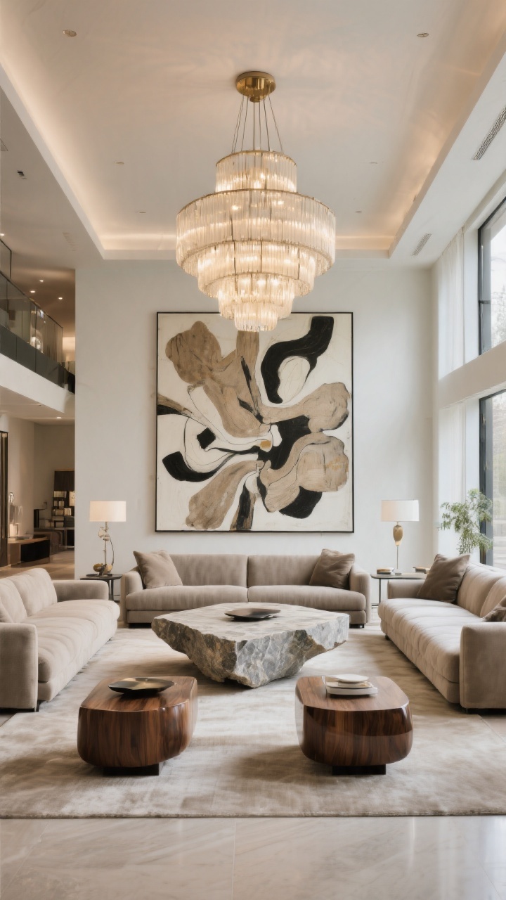 Medium-wide view emphasizing scale: an oversized chandelier crowns the main seating area of a large living room; a single massive abstract art piece anchors a wall; a substantial stone slab coffee table sits between deep, plush sofas. Optionally, a double coffee table arrangement in lacquered wood appears in the foreground. Pathways remain generous to avoid crowding. Neutral upholstery, bold proportions, soft daylight mixed with chandelier illumination, photorealistic, straight-on perspective.