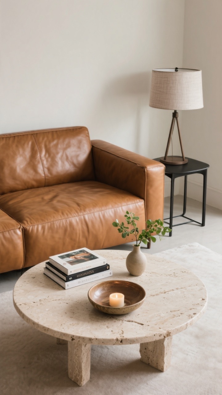 Overhead detail of a styled coffee table vignette in front of a cognac leather sofa: round travertine coffee table with 2–3 stacked art books, a low ceramic bowl/tray, a candle, and a small clipping of greenery in a bud vase. Heights kept under 8 inches to maintain calm sightlines. Include a black metal side table nearby and a fabric-shade floor lamp just peeking in frame for warmth. Negative space around objects is intentional; soft ambient lighting.