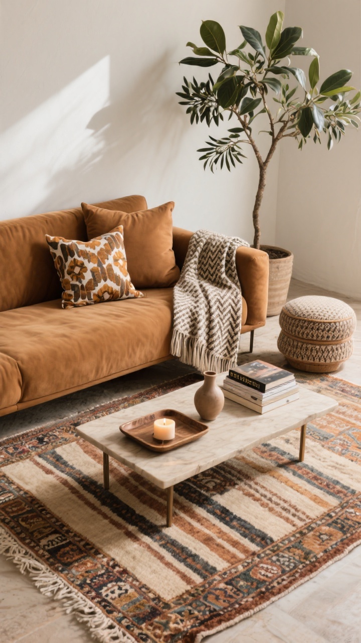Overhead detail shot: A hero rug sets the tone—choose a Persian-inspired or kilim rug with a subtle stripe element. On the cognac sofa, style pillows that echo one color from the rug: one bold printed pillow plus two solid pillows. Add a throw with a micro-pattern like herringbone or mini-check, and include a small ottoman with a quiet pattern nearby. Place a tray on the coffee table with a candle, stacked books, and a small vase; an olive tree or rubber plant at the edge of frame to add natural “pattern.” Soft daylight, crisp textures, photorealistic.