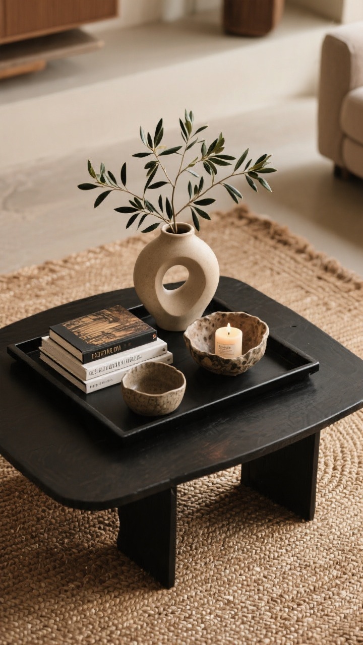 Overhead detail shot: a statement coffee table vignette styled over a jute rug with a flatweave layer nearby; on a matte black low, wide tray sit a sculptural ceramic vase with olive branches, two stacked design books with beautiful spines, a handmade irregular ceramic bowl adding texture, and one lit candle with a minimal label; organic, irregular shapes contrasting with sleek surfaces; warm, cozy lighting, photorealistic.
