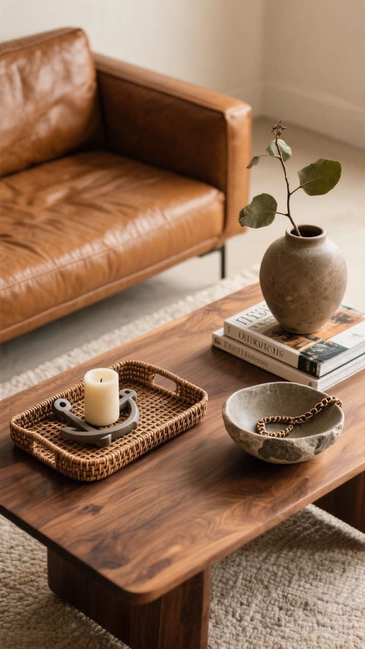 Overhead detail shot: a styled coffee table in walnut beside a cognac leather sofa, featuring an anchor tray in rattan holding a sculptural ceramic candle. Two to three stacked design and travel books with beautiful spines, plus an organic ceramic bowl with a stone chain. A heavy vase with a single leafy branch nearby. Intentional negative space: roughly one-third of the tabletop left open. Warm, natural lighting highlights textures.