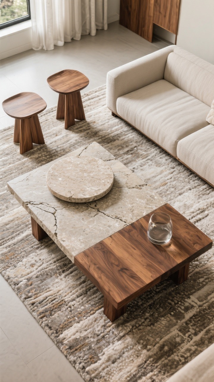 Overhead detail shot: A substantial coffee table proportional at roughly two-thirds the sofa length, within 1–2 inches of the seat height for easy reach; a long sofa paired with a round stone-topped table for balanced contrast, optional twin nesting tables nearby; a mix of materials—warm wood base, stone surface, and a hint of glass accessory—styled on a large rug, photorealistic textural clarity.