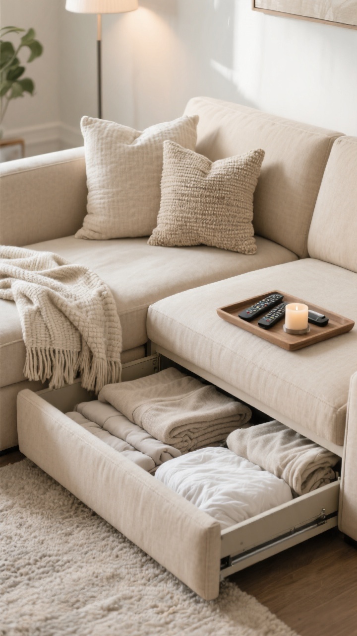 Overhead detail shot: Family-friendly neutral sleeper/storage sectional in beige/sand with a storage chaise open slightly to reveal neatly folded throws and bedding; tight-weave performance fabric texture visible; a lux throw and textured pillows styled on the sleeper portion so it never reads makeshift; a tray on the chaise holding remotes and a candle; organized, clutter-free vibe; soft, practical ambient lighting; photorealistic top-down perspective.