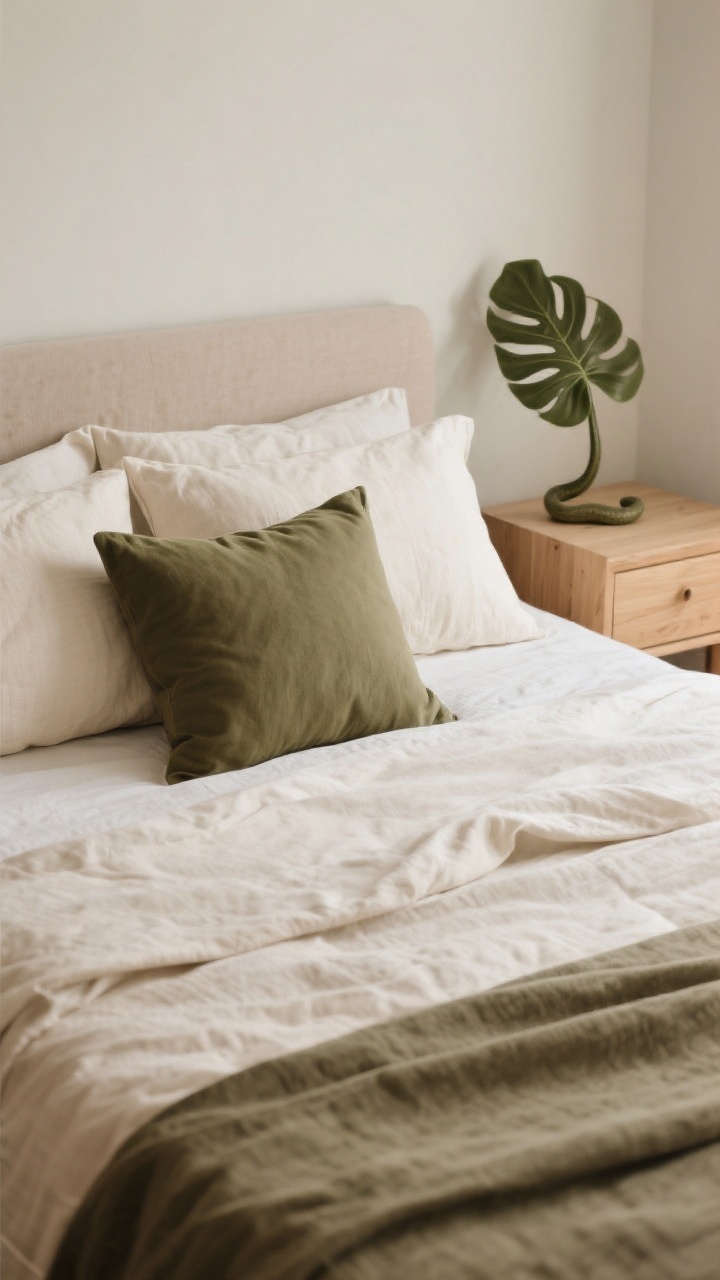 Overhead detail shot: Layered textiles on a bed in a mushroom, ecru, and olive palette—ecru linen duvet, mushroom shams with a soft, matte weave, and a muted olive lumbar pillow centered for contrast. Nearby, the corner of a light oak nightstand shows airy wood tones, and a single sculptural plant leaf (snake plant) edges into frame to echo the olive hue. Soft, diffused light keeps the mood earthy, calm, and elevated. Photorealistic.