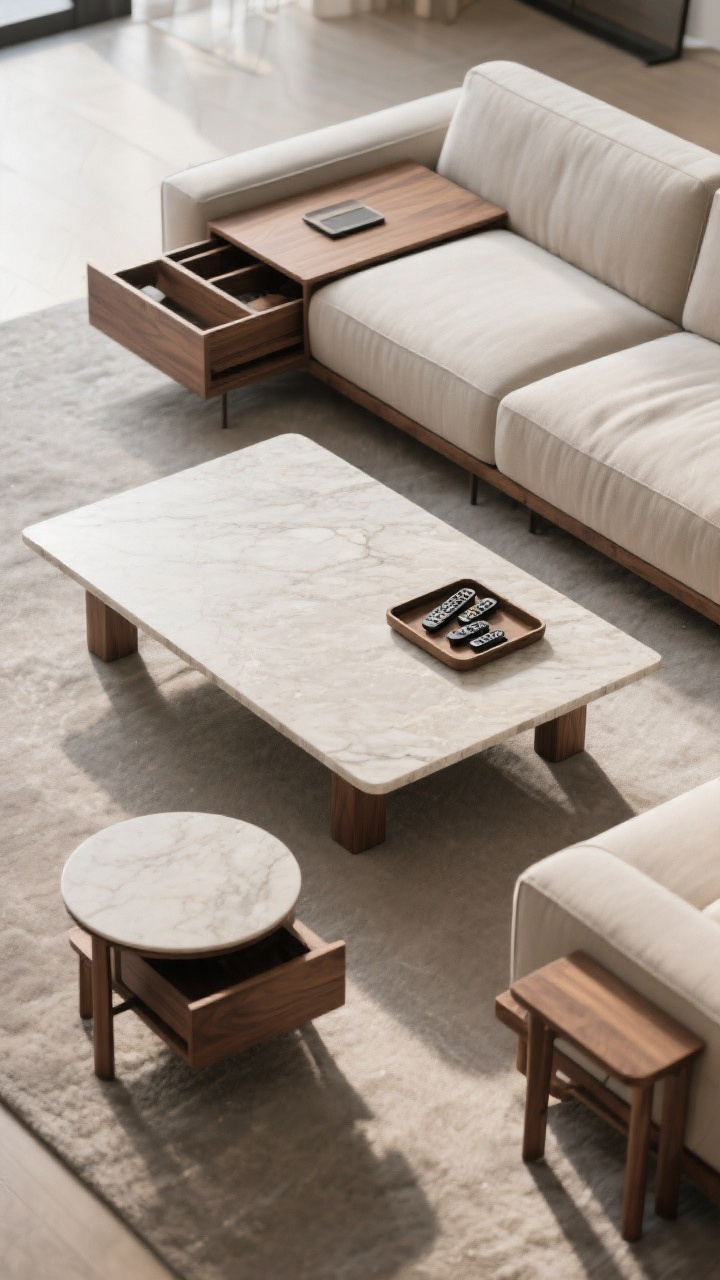 Overhead detail shot of a coffee table precisely scaled to a big sofa: a rectangular table at two-thirds the sofa length and seat-height (16–18 inches), set 14–18 inches from the sofa edge; include a tray corralling remotes, nesting side tables partially tucked for flexible surfaces, and a round/oval option in a corner for circulation; add side tables by deep-seat areas for reach; include soft shadows and crisp highlights for photoreal texture on wood/stone surfaces; no people