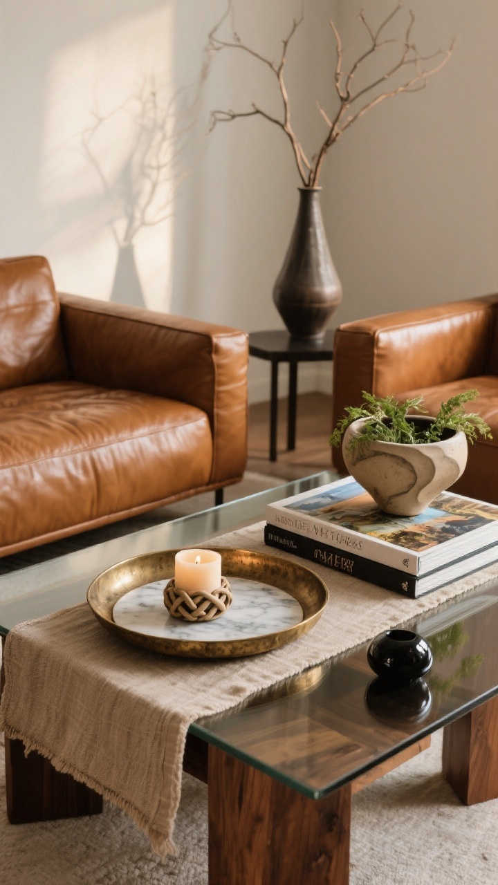 Overhead detail shot of a coffee table styled with the 4-item formula in front of a cognac leather sofa: a round aged-brass tray corralling a dim marble candle and a small ceramic knot; two large art and travel books with interesting spines stacked beside; a sculptural ceramic bowl with fresh greenery and a tall vase with simple branches for the organic element. If the table surface is glass, show a flax-linen runner under the tray; if wood, include a glossy black accessory for contrast. Soft, warm ambient light for depth and gentle shadows. No people, photorealistic.