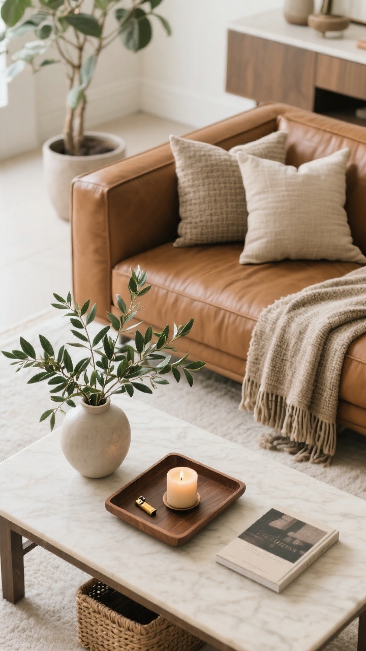 Overhead detail shot of a coffee table vignette: a single tray holding a candle, lighter, and one book; nearby, one statement vase with fresh greenery (olive or eucalyptus), two pillows max on the cognac sofa and a single textured throw without tassels in frame edge. Include a neutral, architectural plant in a simple pot and a hidden storage basket peeking under a console in the background. Clean, intentional styling, soft natural light, photorealistic.