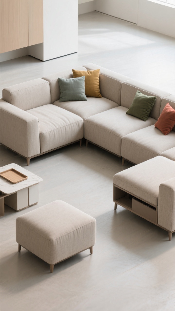 Overhead detail shot of a modular L-shaped sofa configuration partially reconfigured, showing separable sections with uniform fabric and low feet for cohesion; a moveable ottoman nearby with a tray table converting it into a surface; hint of hidden storage in a module; color-coded throw pillows indicating module groups; clean lines in a versatile, multi-use large room; soft daylight highlighting seams and module gaps; photorealistic.