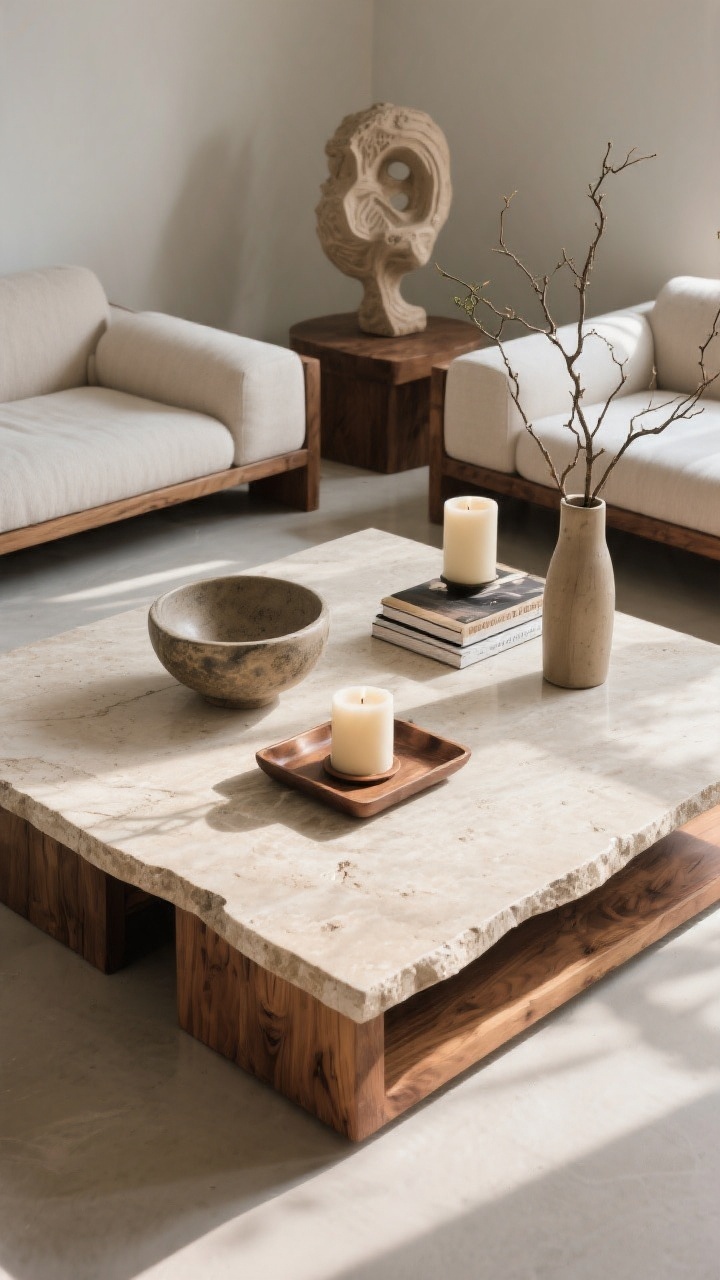 Overhead detail shot of a styled coffee table vignette that looks editorial: a substantial, low-slung stone or wood coffee table (travertine slab or richly grained oak) centered between sectional seats. Apply the rule of three—sculptural object (ceramic or carved stone), a tray with a medium candle, and a stacked book moment. Vary heights with a low bowl, medium candle, and a tall branch arrangement in a slim vase. Keep at least 40% of the tabletop clear for negative space. If the sectional is angular, make the table round or oval to soften lines. Natural daylight with gentle shadows.