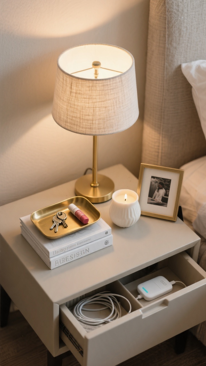 Overhead detail shot of a styled nightstand following the rule of three: a linen-shaded lamp as the vertical element, a small horizontal stack of two design books topped with a slim brass-edged tray corralling keys and lip balm, and a personal piece—an ivory ceramic candle next to a small framed photo. Include a soft-close drawer slightly open to reveal a tidy organizer with cables and a low-profile wireless charger in a neutral finish. Warm ambient light from a nearby lamp; photorealistic.